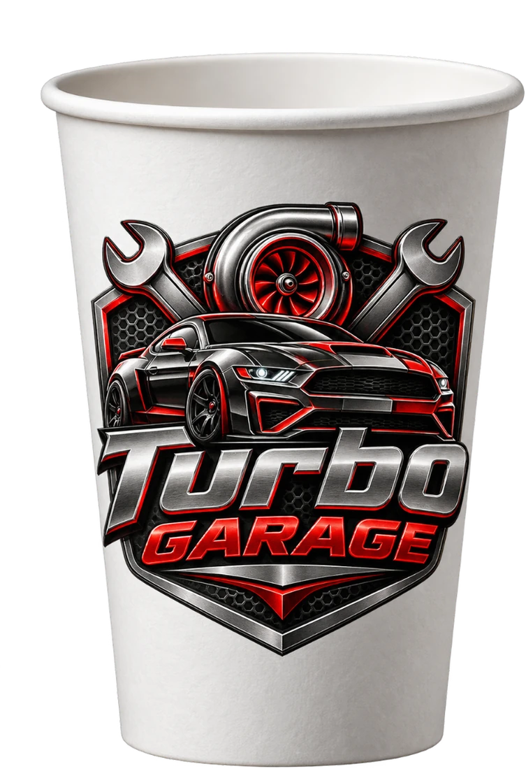 Coffee-to-go-Becher bedruckt für Autogaragen
