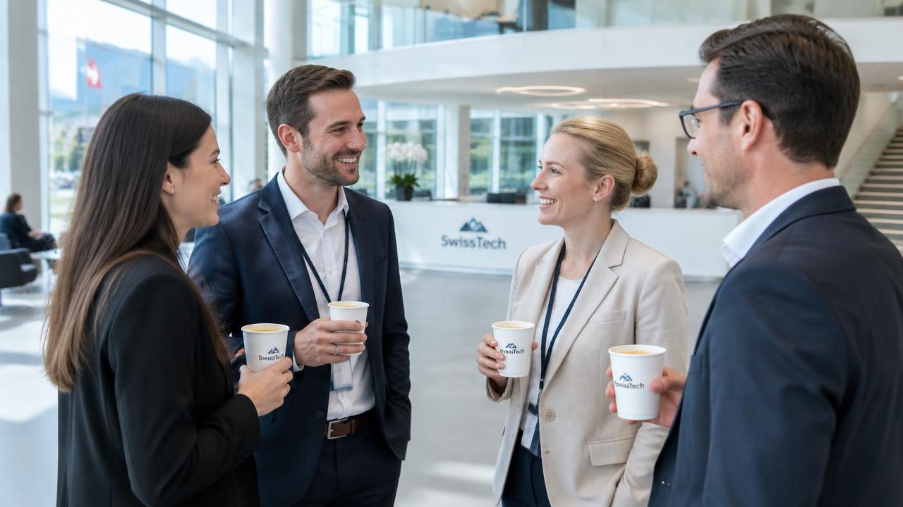 Mitarbeitende in einer Firmenlobby mit Kaffeebechern mit Firmenlogo